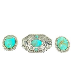 Vintage Faux Costume Native Southwestern Style Brooch & Clip Earrings